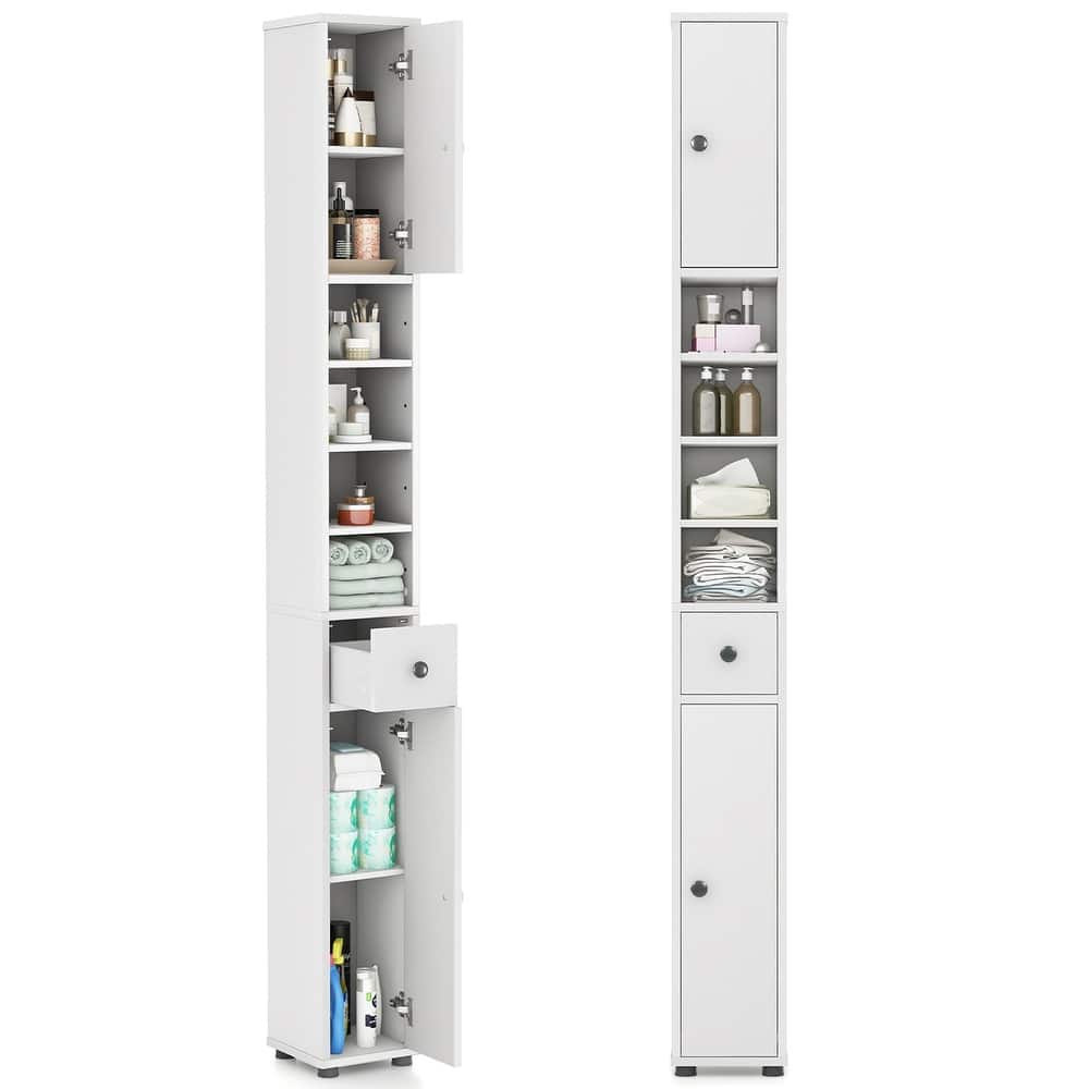 Gymax Tall Slim Bathroom Storage Cabinet Linen Tower w/ Drawer &