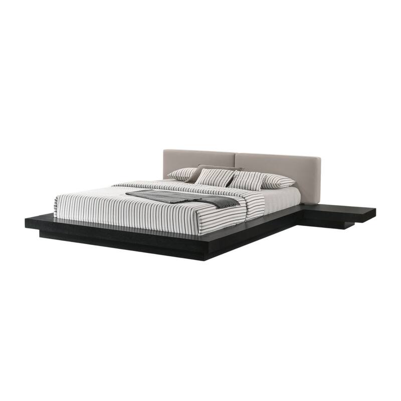 HomeRoots Black and Gray Wood And Faux Leather King Bed Frame With Attached Nightstands