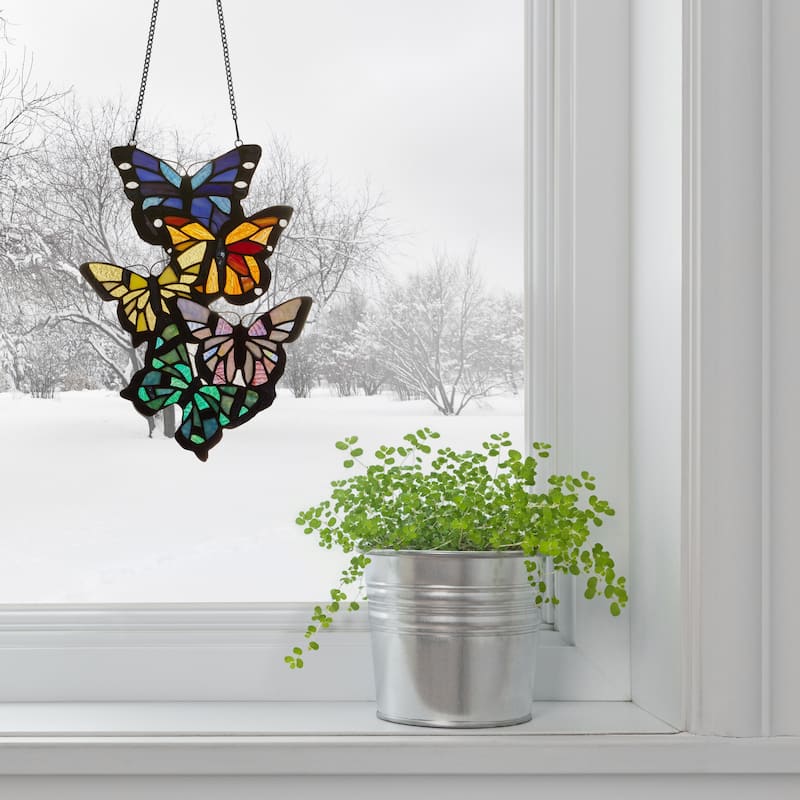 River of Goods Multicolored Stained Glass Butterfly Cluster Vertical Window Panel - 9.5" x 0.25" x 13.25"