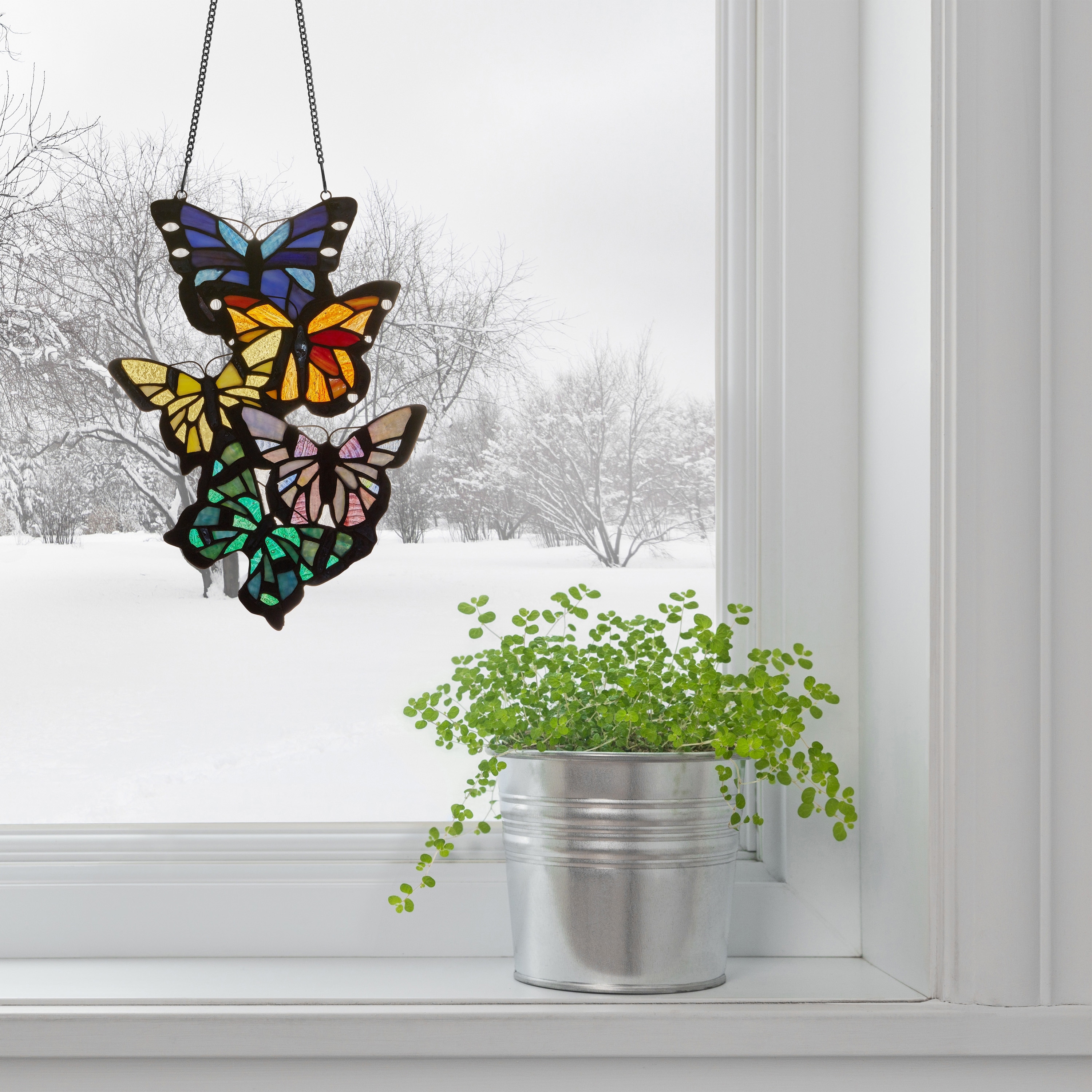 River of Goods Multicolored Tiffany-Style Stained Glass Butterfly Cluster Vertical Window Panel - 9.5" x 0.25" x 13.25"