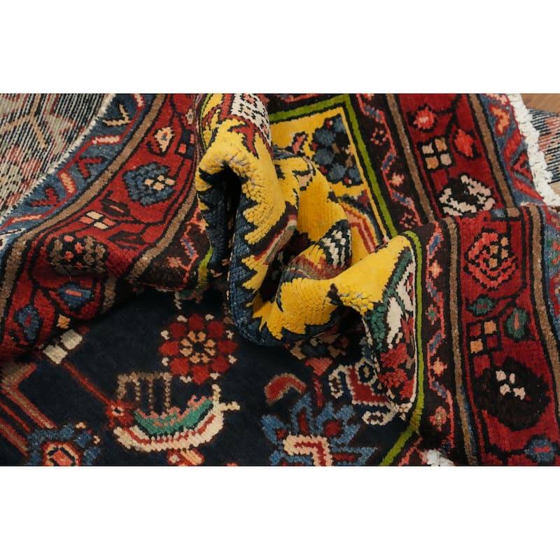 Hand Knotted Oriental 100% Wool Carpet Traditional Geometric Navy Blue & Blues Hamedan Runner Rug - 9' 7'' X 3' 6''