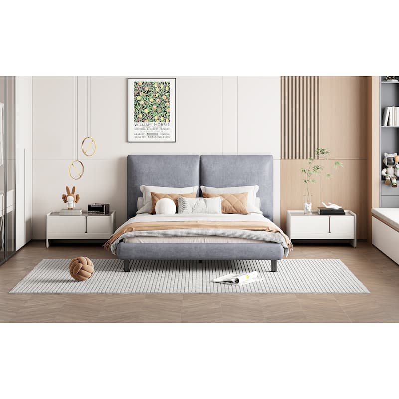 Queen Size Upholstered Platform Bed with Two Large Headrests and Thick Fabric, Polyester