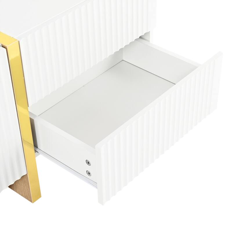 Modern Fluted TV Stand Luxury TV Stand with Storage Drawers and Gold Wood-Grain Legs, for Living Rooms, White