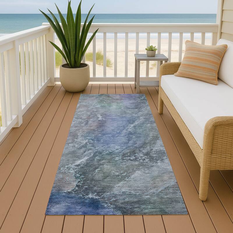 Machine Washable Indoor/ Outdoor Abstract Watercolor Chantille Rug - Blue - 2'3" x 7'6"
