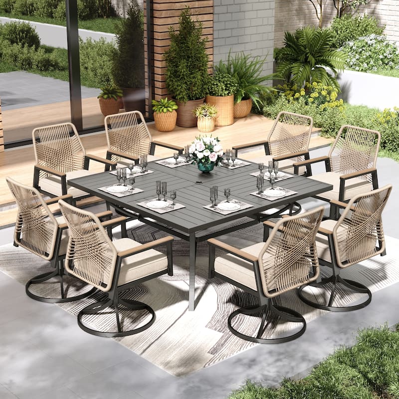MAISON ARTS 9 Pieces Outdoor Patio Dining Set with Square Table and Cushioned Woven Wicker Dining Chairs - Black Table Top + Swivel Chair