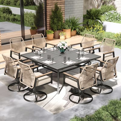 MAISON ARTS 9 Pieces Outdoor Patio Dining Set with Square Table and Cushioned Woven Wicker Dining Chairs