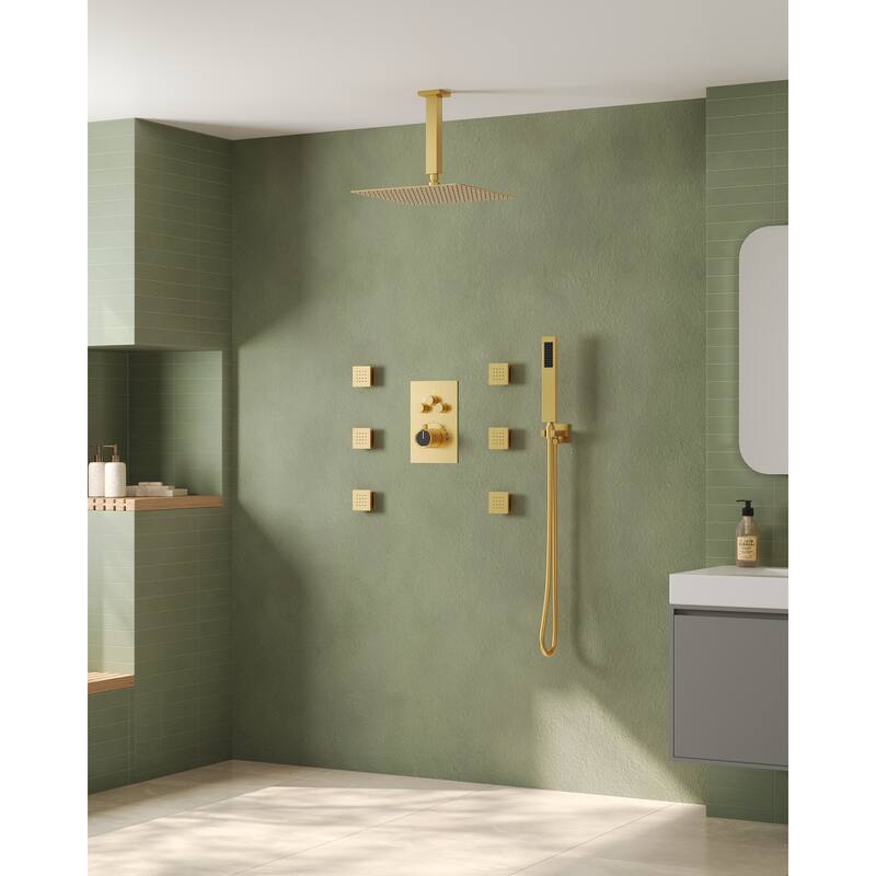 Shower System 12" Ceiling Rain Shower Head with 3-Way Thermostatic Faucet & Body Jets
