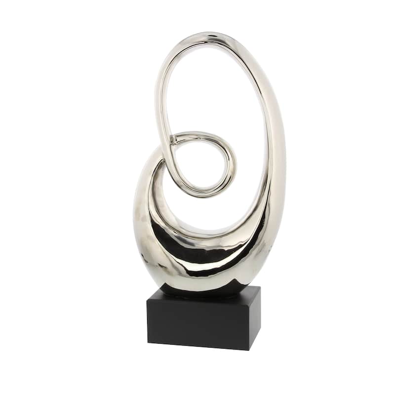 Sleek Ceramic Swirl Abstract Sculpture with Black Wooden Base - Silver or White