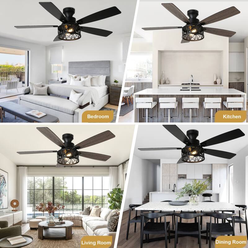 Cusp Barn 52-In Farmhouse Flush Mount Ceiling Fan with Lights and Remote Control, Black Caged Low Profile Chandelier Ceiling Fan