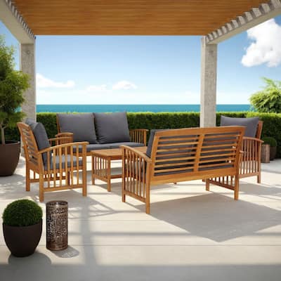 5pc Outdoor Lounge Set, Coffee Table, Chairs, Sofa, Brown Acacia Wood