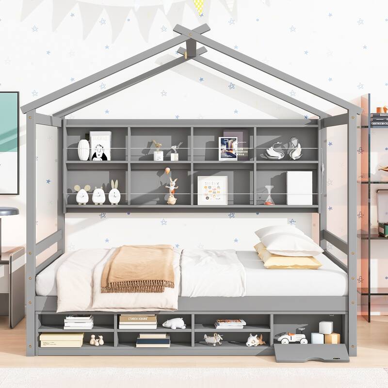 Full House Bed with Roof Frame, Bedside-shelves, Under Bed Storage Unit