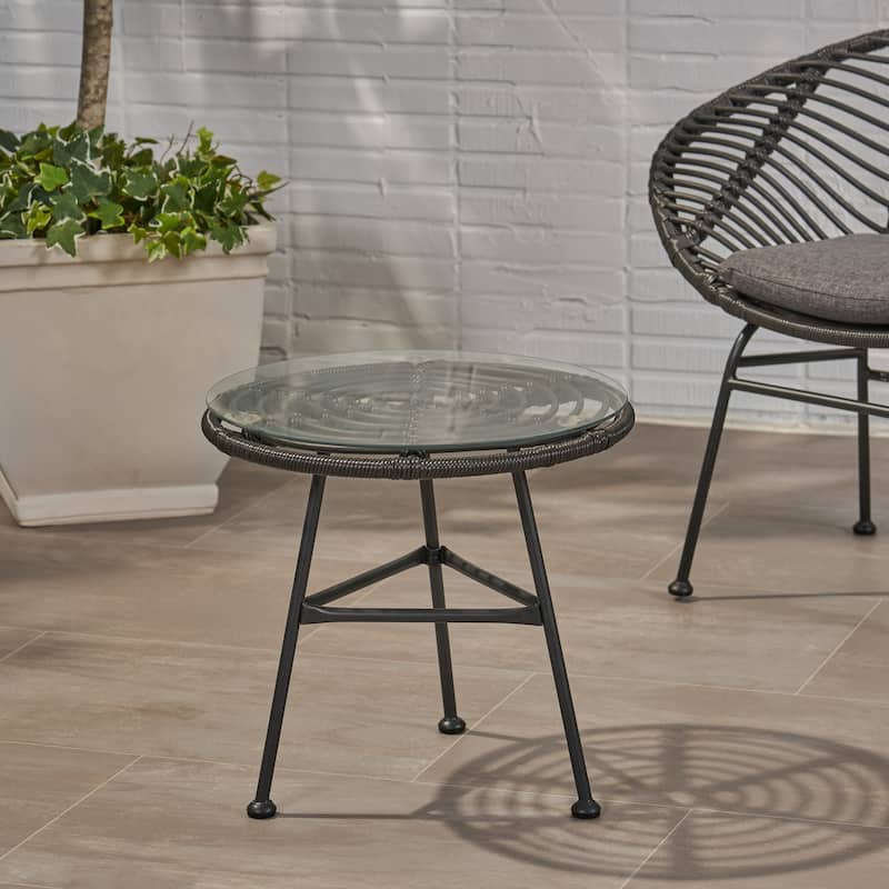 Roomfitters Round Outdoor Side Table, Accent End Table with Tempered Glass Top, Wicker Steel Frame, Patio End Table