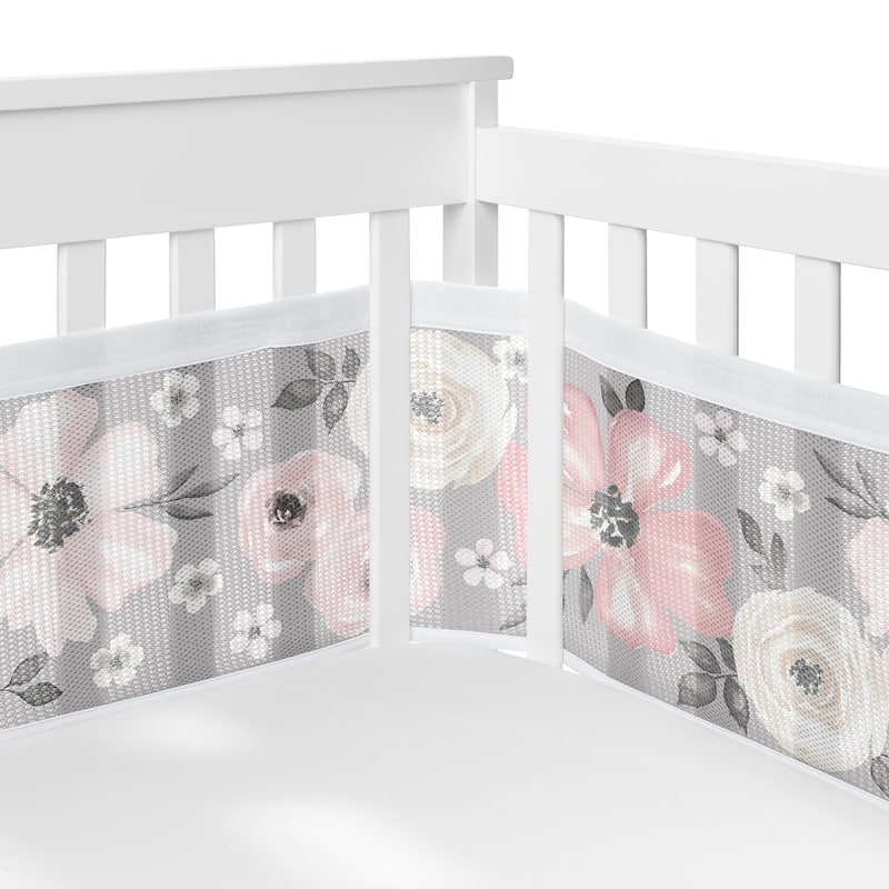 Sweet Jojo Designs Grey Boho Floral Girl 6p Crib Bedding + BreathableBaby Breathable Mesh Liner Bohemian Shabby Chic - Crib Size