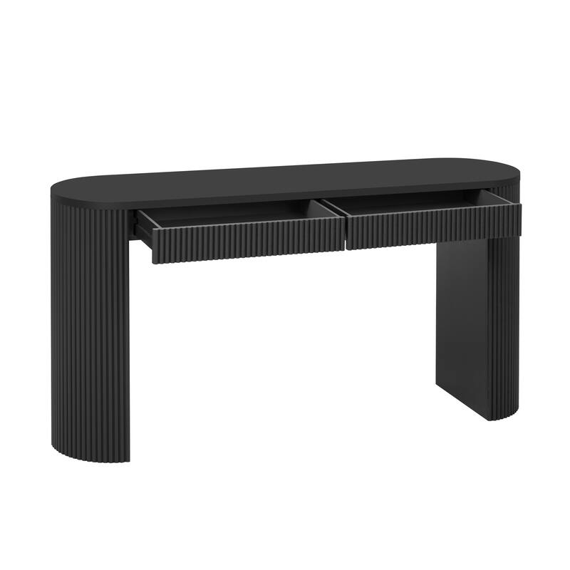 Vintage Pine Veneer Console Table with Vertical Striped Design, 58.2 Inch Entryway Table Living Room Sofa Table with 2 Drawers