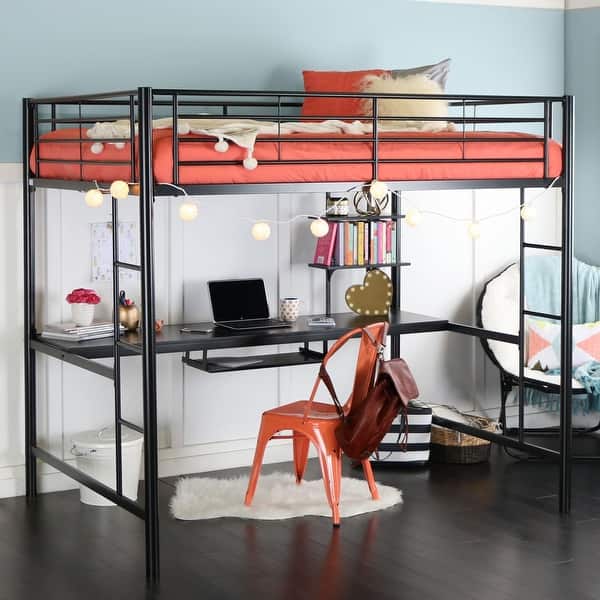slide 2 of 10, Walker Edison Abner Full Metal Black Loft Bed with Desk Black