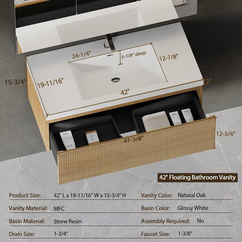 GDFStudio - Preston 42-Inch Floating Bathroom Vanity with Solid Surface Basin and Fluted Storage Drawer