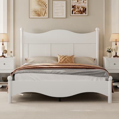 Queen Size Retro Style Wood Platform Bed Frame with Wooden Slat Support, Elegant White Design