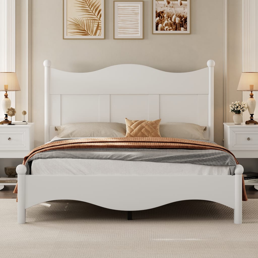 Queen Size Retro Style Wood Platform Bed Frame with Wooden Slat Support, Elegant White Design