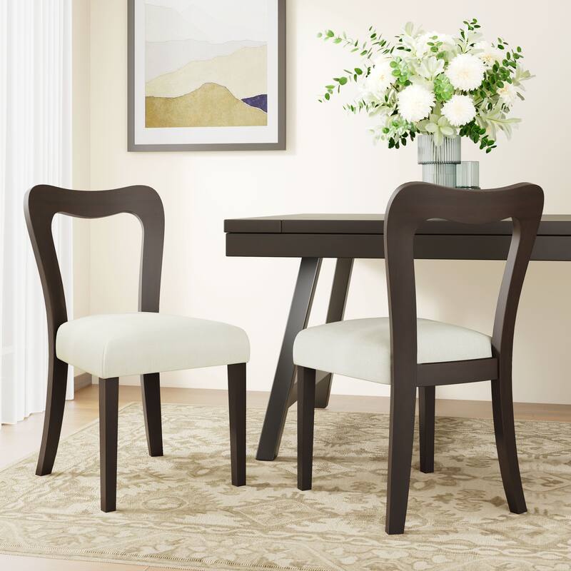 Set of 2 Modern Dining Chairs with Rubberwood Frame and Upholstered Seats - Open Back Armless Design - Beige,Dark Brown