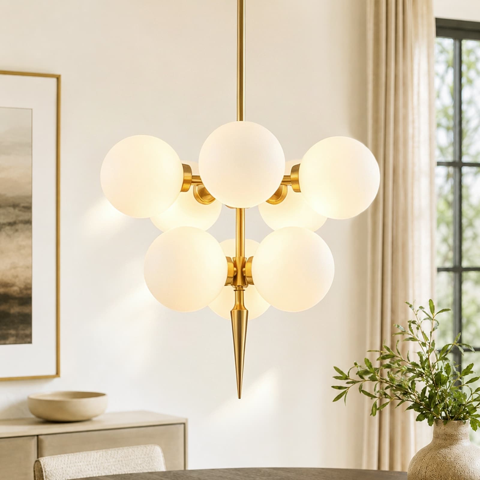 Rennnsan 8-Light Gold Adjustable Height Opal Glass Globe Chandelier for Entryway - 16.3 in. W x 14.8 in. H