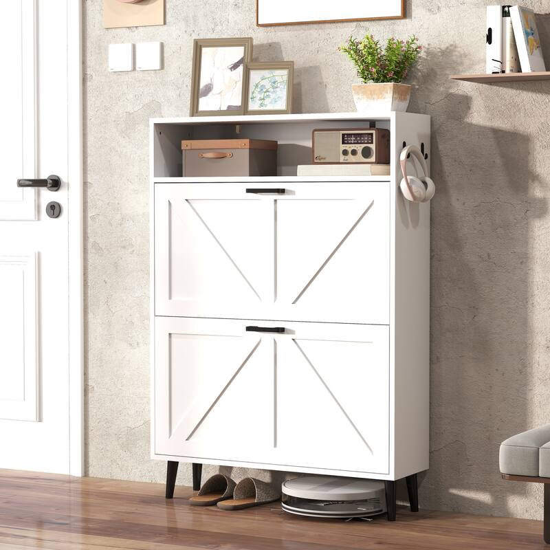 GDFStudio - Charlotte Farmhouse Shoe Storage Cabinet with Barn Door Elegance and Smart Organization