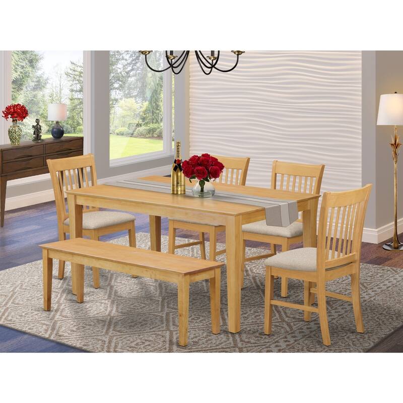 HomeStock 6-Piece Rectangle Natural Oak Finish Solid Wood Top Dining Table with 1 Bench, 4 Chairs with Lattice Back