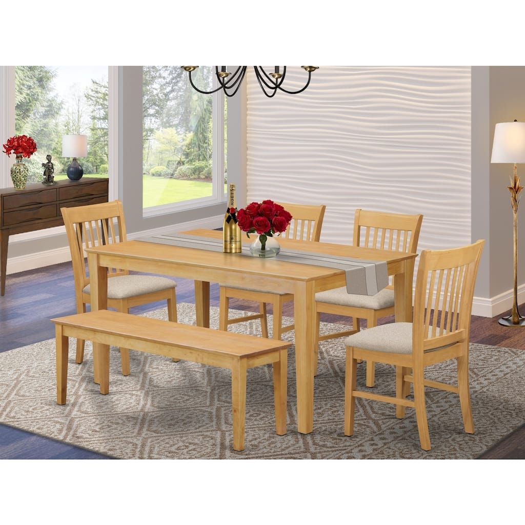 HomeStock 6-Piece Rectangle Natural Oak Finish Solid Wood Top Dining Table with 1 Bench, 4 Chairs with Lattice Back