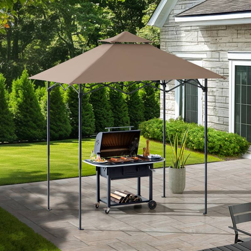 SUNJOY 8' x 5' Pop Up Grill Gazebo Double Tiered Outdoor Gazebo Standing-Height Canopy for BBQ,Picnics, Outdoor Events - Brown