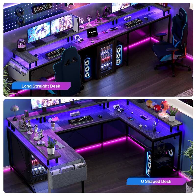 U Shaped Desk, 126 Inch Gaming Desk with Monitor Stand and LED Lights