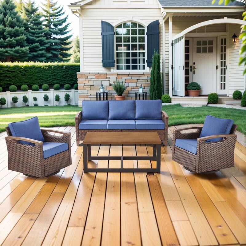 Pocassy Outdoor Patio Sofa Chair Ottoman Table Furniture Set - Blue Cushion - 3-Seat Sofa with Swivel Chair Table Set