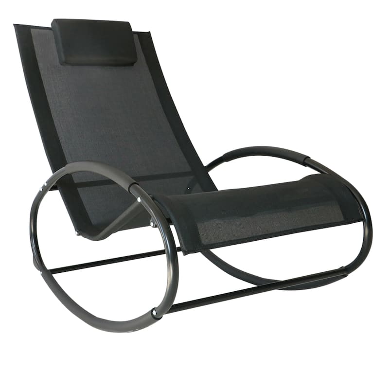 Pool Lounger, Outdoor Rocking Lounge Chair for Sunbathing, Pool, Beach, Porch with Pillow and Cool Mesh, Sun Tanning Rocker - Black