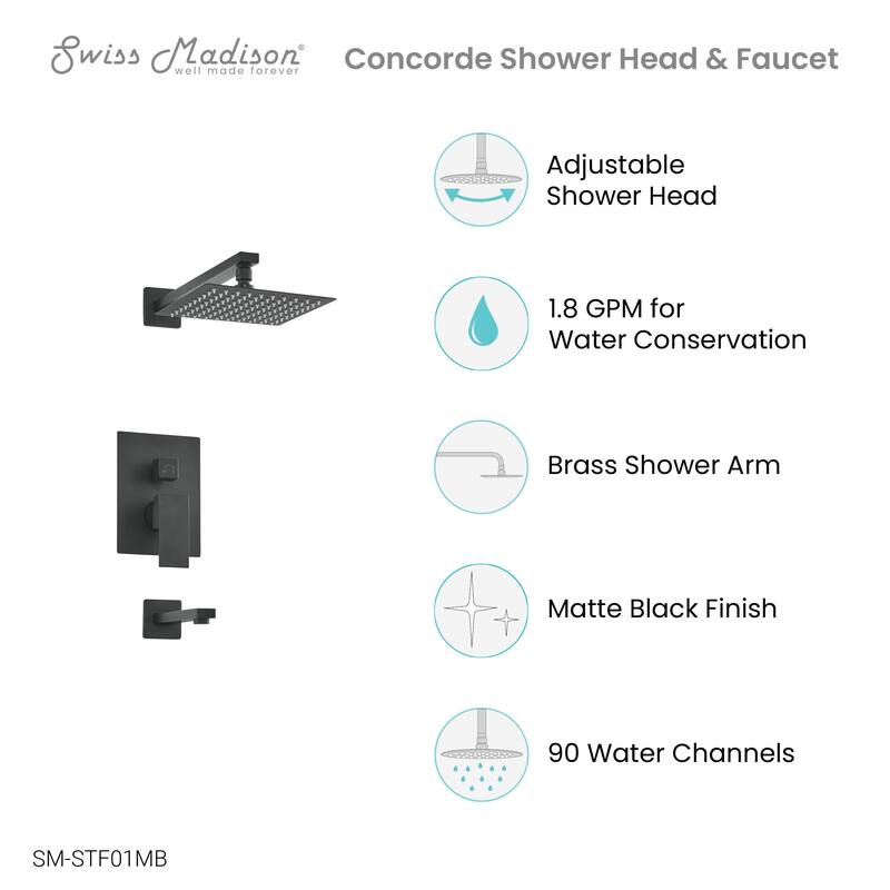 Concorde Single-Handle 1-Spray Tub And Shower Faucet In Matte Black (Valve Included) - 17.5" x 11.88" x 5.88"