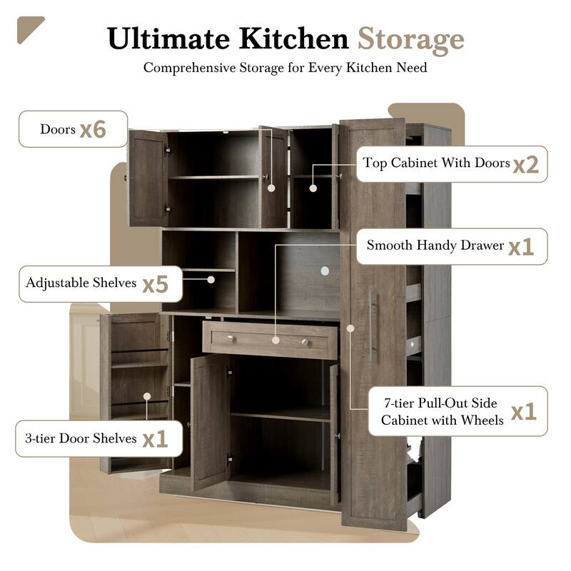 Roomfitters Large Kitchen Pantry Cabinet with Pull-Out Side Storage and Hutch, Shaker Style Buffet