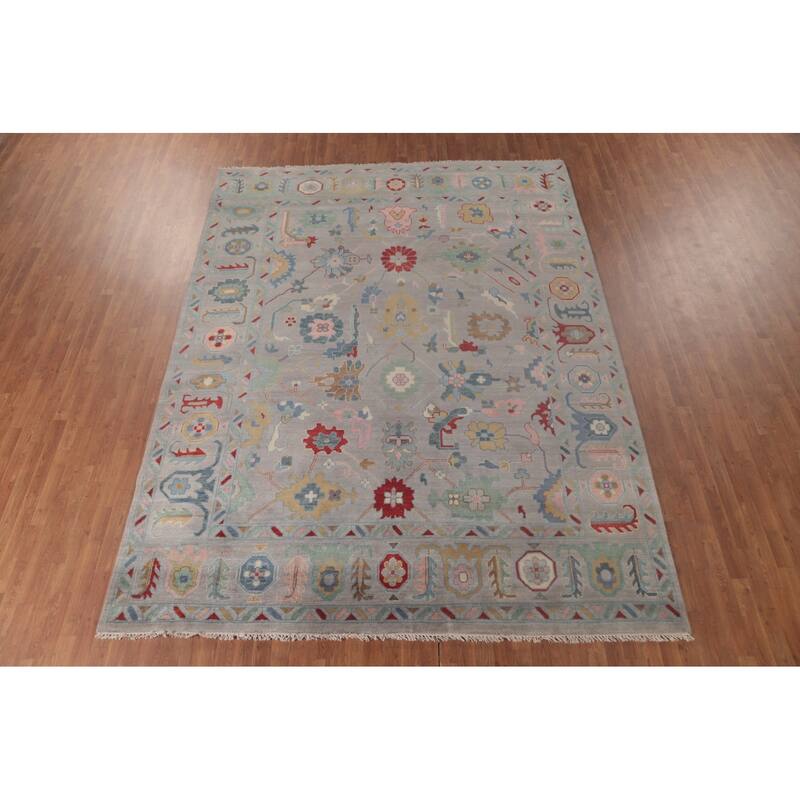 All-Over Gray Oushak Oriental Area Rug Hand-Knotted Wool Carpet - 9'0" x 11'8"