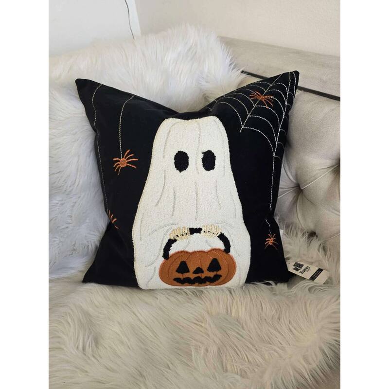 Halloween Ghost with Pumpkin Bucket Throw Pillow