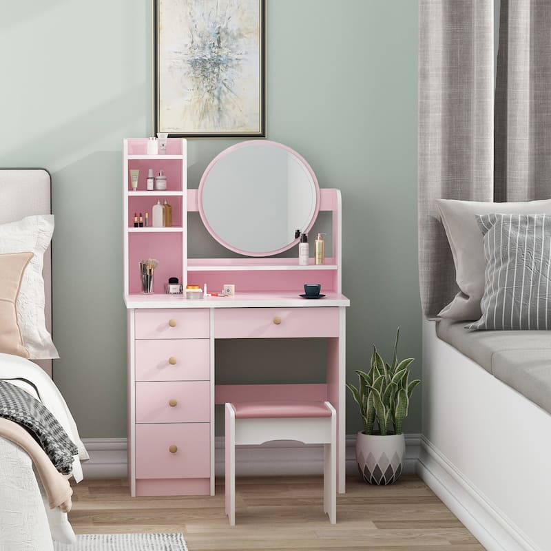31.5" Wide Makeup Vanity Set with Stool and Mirror - 31.5"W - Pink