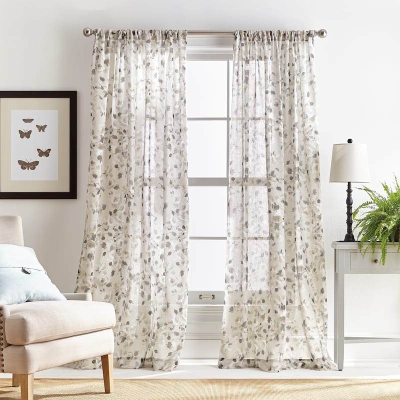 Martha Stewart Annabelle Floral Sheer Rod Pocket Single Curtain Panel - 95-inch - Linen