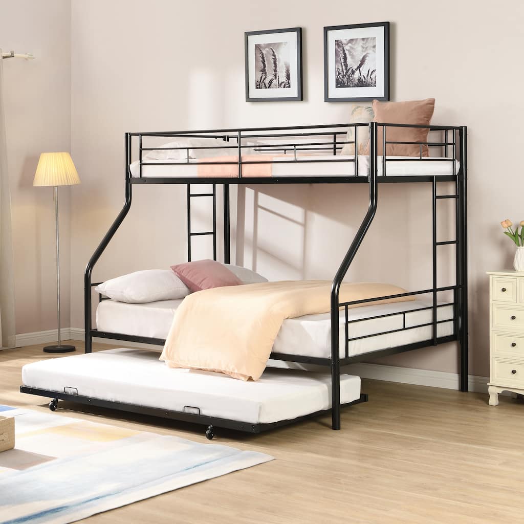 Twin Over Full Triple Bunk Beds with Trundle, Metal Bunkbeds w/Ladder & Full-Length Guardrail, Noise Free, No Box Spring Needed