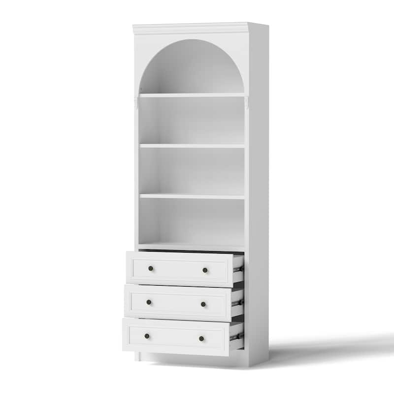 Modular White Bookcase with LED Lights & Glass Doors, 86.6" Tall Arched Display Cabinet Solid WoodStorage Cabinet
