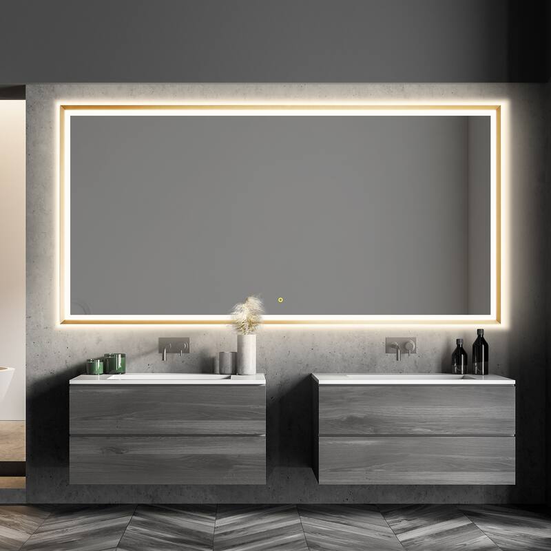 Apollo Rectangular Anti-Fog Dimmable Modern Bathroom/Vanity LED Lighted Wall Mirror in Brushed Gold Aluminum Framed
