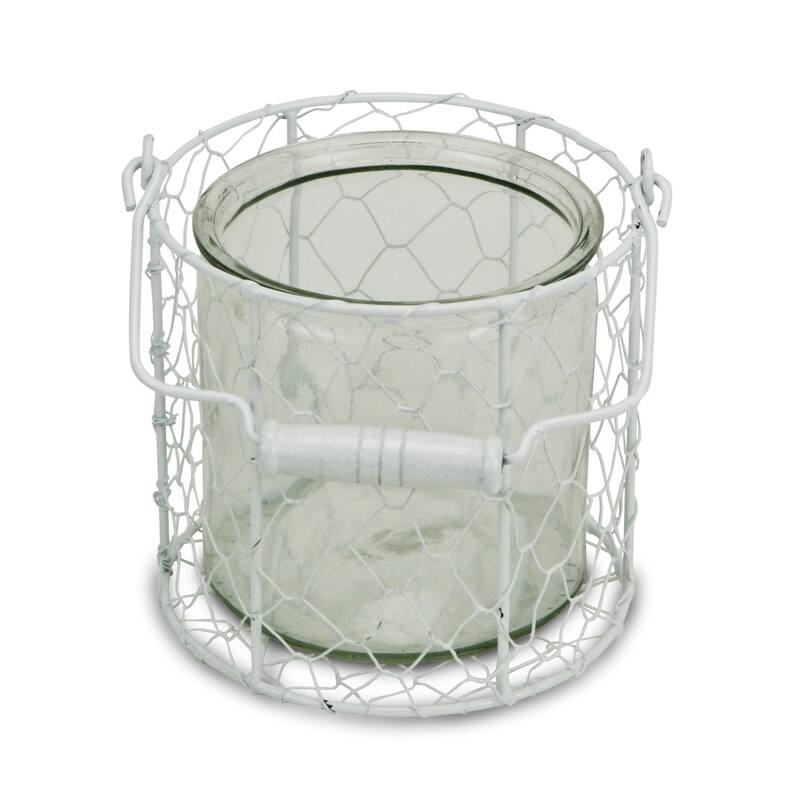 HomeRoots 5.25 White and Clear Wire Basket and Glass Jar - 5.25" H x 5.5" W x 5.5" D