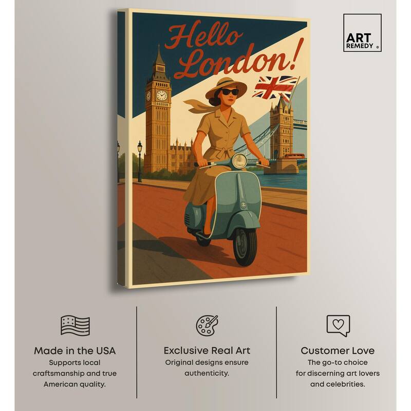 Scooter English Travel Canvas by Art Remedy, Gallery Wrapped