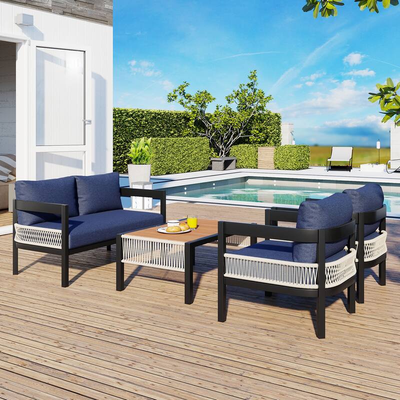 Roomfitters Multi-Person Outdoor Iron Sofa Set with Table, Rattan Decoration, Waterproof, Rust-Proof for Garden, Lawn - Dark Blue