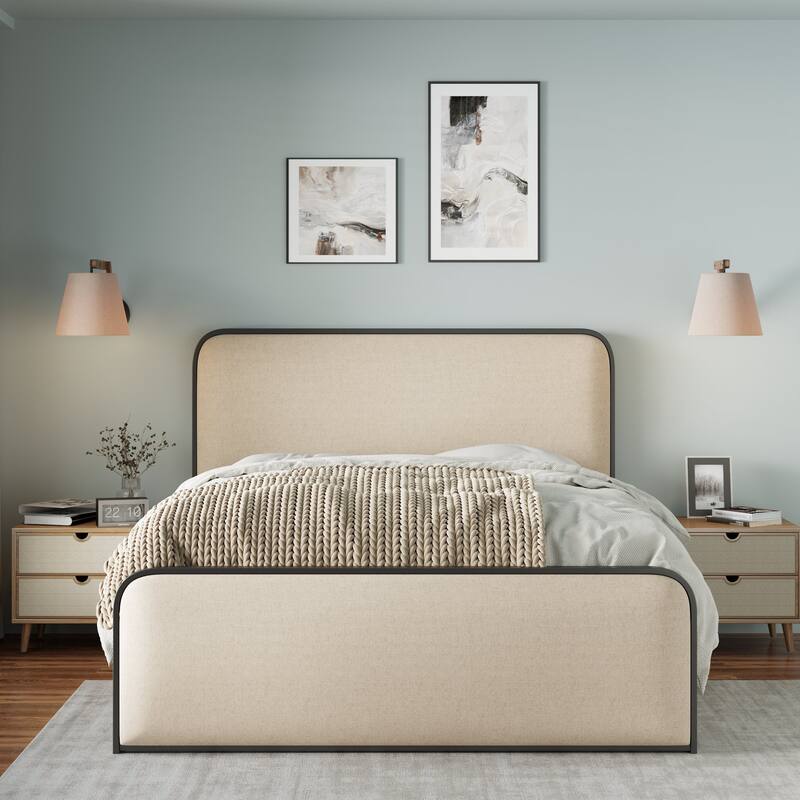 Modern Metal Platform Bed Frame with Upholstered Curved Headboard & Footboard, Heavy Duty Slats, Queen/King