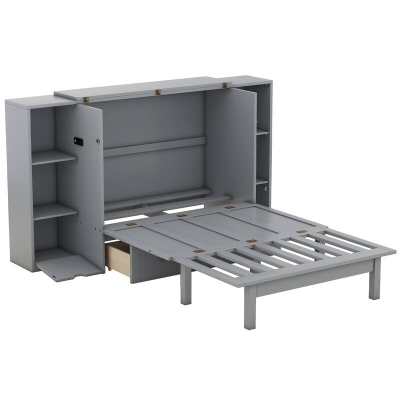 Murphy Bed with Shelves, Drawers and USB Ports,Gray