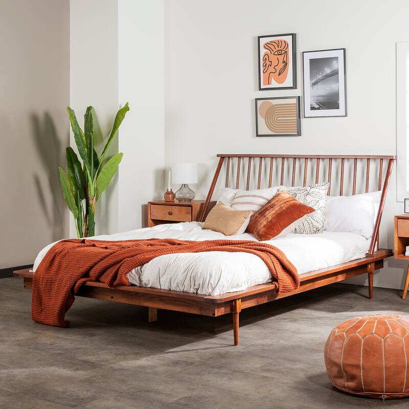 Mid-Century Modern Queen Platform Bed Frame with Spindle Headboard in Walnut