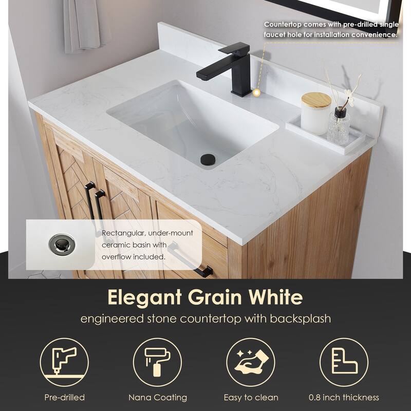 Anais 3Single Bathroom Vanity in Light Brown with Grain White Engineered Stone Countertop without Mirror