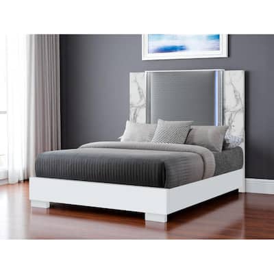 HomeRoots White and Gray Faux Marble And Upholstery Lighted Queen Bed Frame