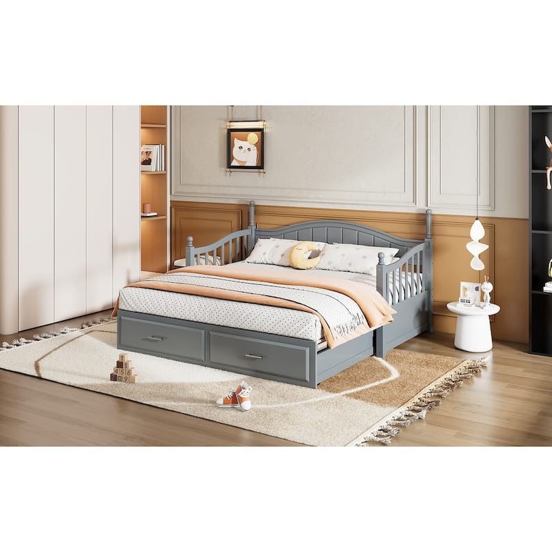 Twin Size Wooden Daybed with Two Storage Drawers and Trundle for Bedroom