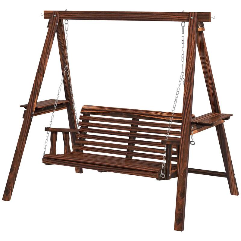 2-Seat Wooden Porch Swing, Stand, Side Tables, Metal Chains, Outdoor